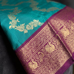 Peacock Teal Blue Art Silk Banarasi Saree with Deep Purple Contrast Pallu & Blouse Piece