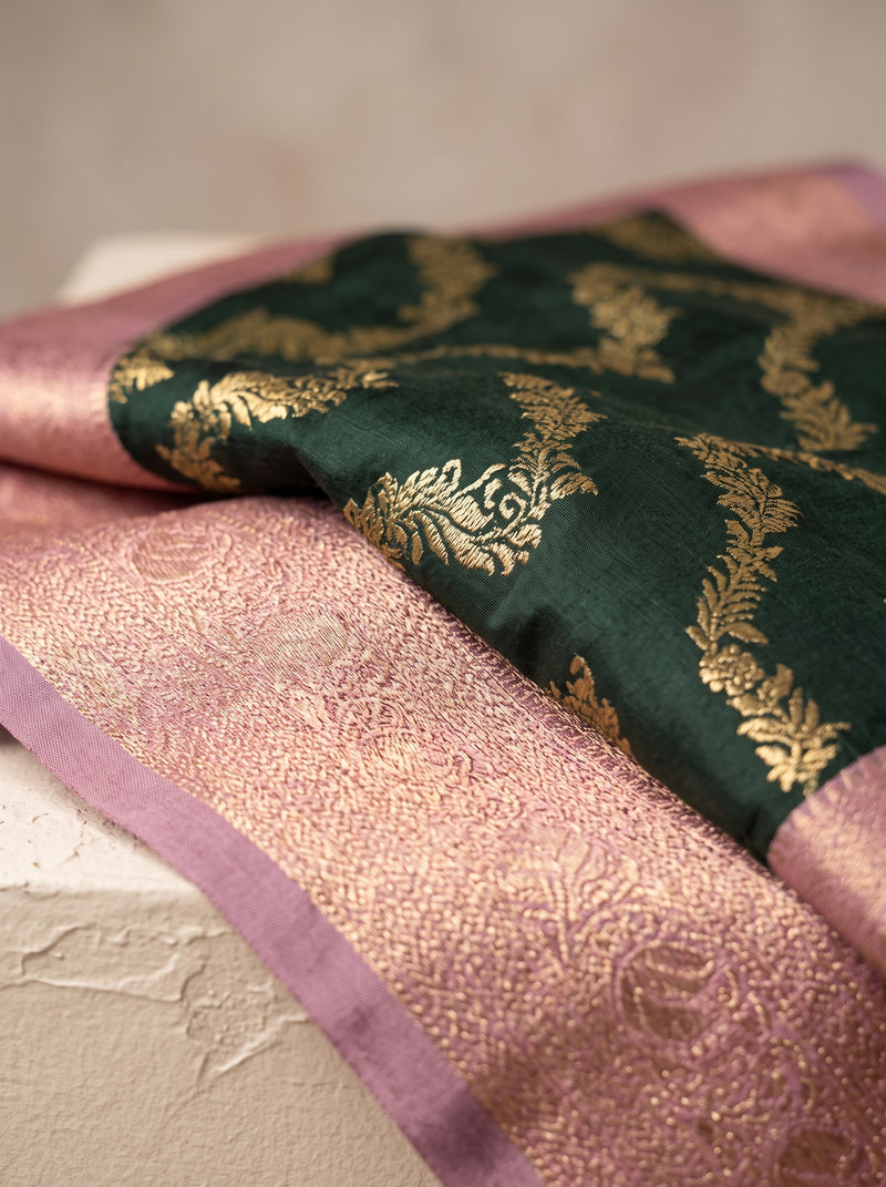 Bottle Green Art Silk Banarasi Saree with Dusty Pink Contrast Border & Blouse Piece