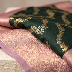 Bottle Green Art Silk Banarasi Saree with Dusty Pink Contrast Border & Blouse Piece