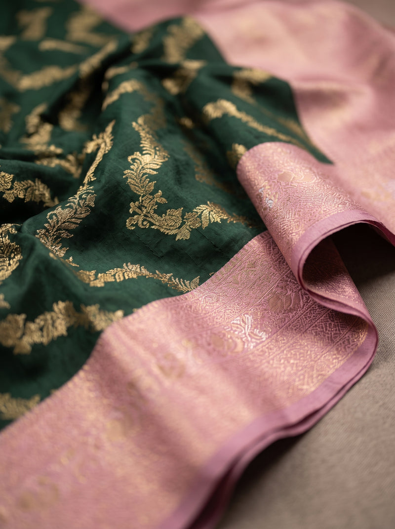 Bottle Green Art Silk Banarasi Saree with Dusty Pink Contrast Border & Blouse Piece