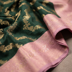 Bottle Green Art Silk Banarasi Saree with Dusty Pink Contrast Border & Blouse Piece