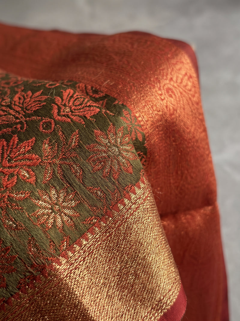 Olive Green & Rust Orange Jacquard Woven Saree with Rich Zari Border & Pallu