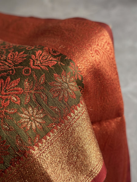 Olive Green & Rust Orange Jacquard Woven Saree with Rich Zari Border & Pallu