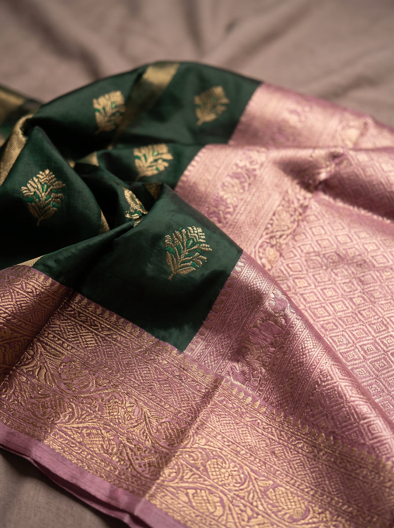 Bottle Green Art Silk Banarasi Saree with Dusty Pink Contrast Border & Blouse Piece
