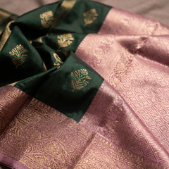 Bottle Green Art Silk Banarasi Saree with Dusty Pink Contrast Border & Blouse Piece