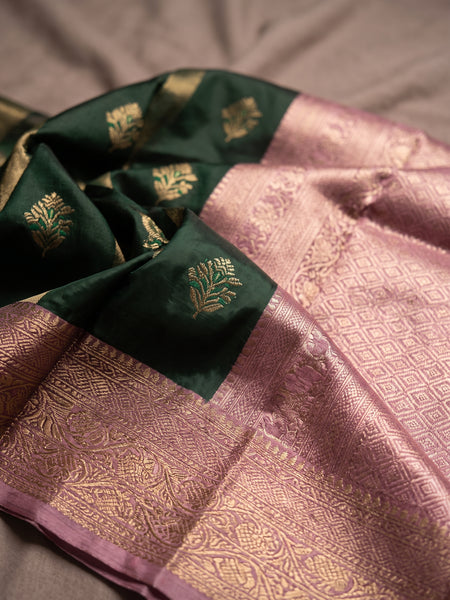 Bottle Green Art Silk Banarasi Saree with Dusty Pink Contrast Border & Blouse Piece