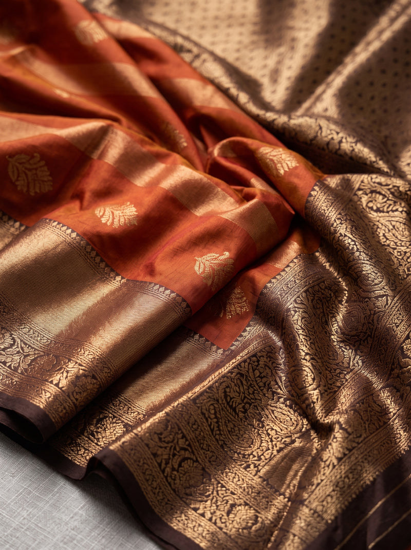 Rust Orange Art Silk Banarasi Saree with Deep Brown Contrast Border & Blouse Piece