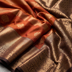 Rust Orange Art Silk Banarasi Saree with Deep Brown Contrast Border & Blouse Piece