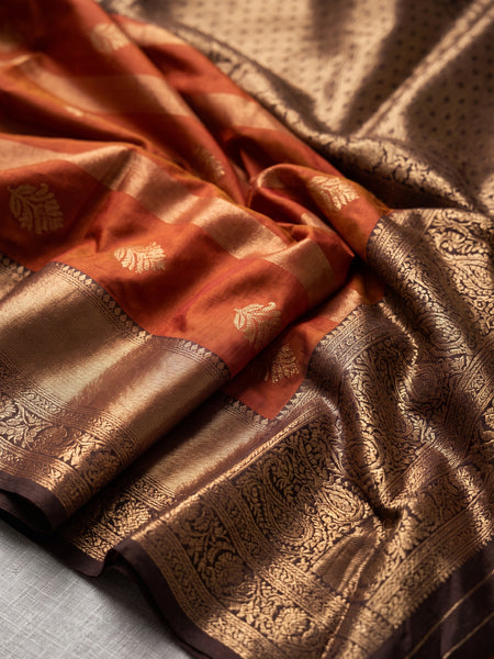 Rust Orange Art Silk Banarasi Saree with Deep Brown Contrast Border & Blouse Piece
