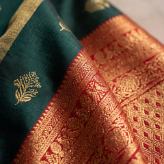 Regal Bottle Green & Crimson Red Striped Banarasi Silk Saree