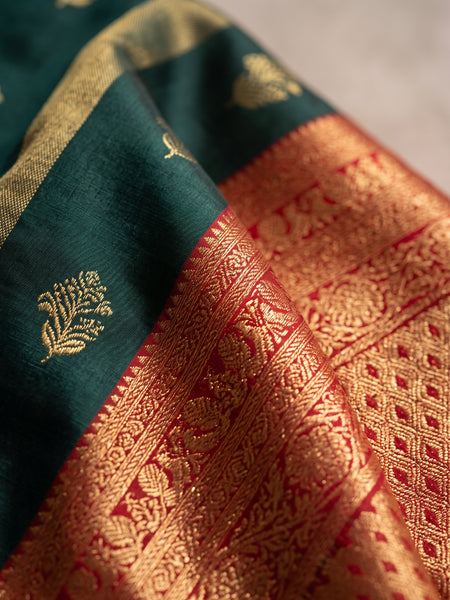 Regal Bottle Green & Crimson Red Striped Banarasi Silk Saree