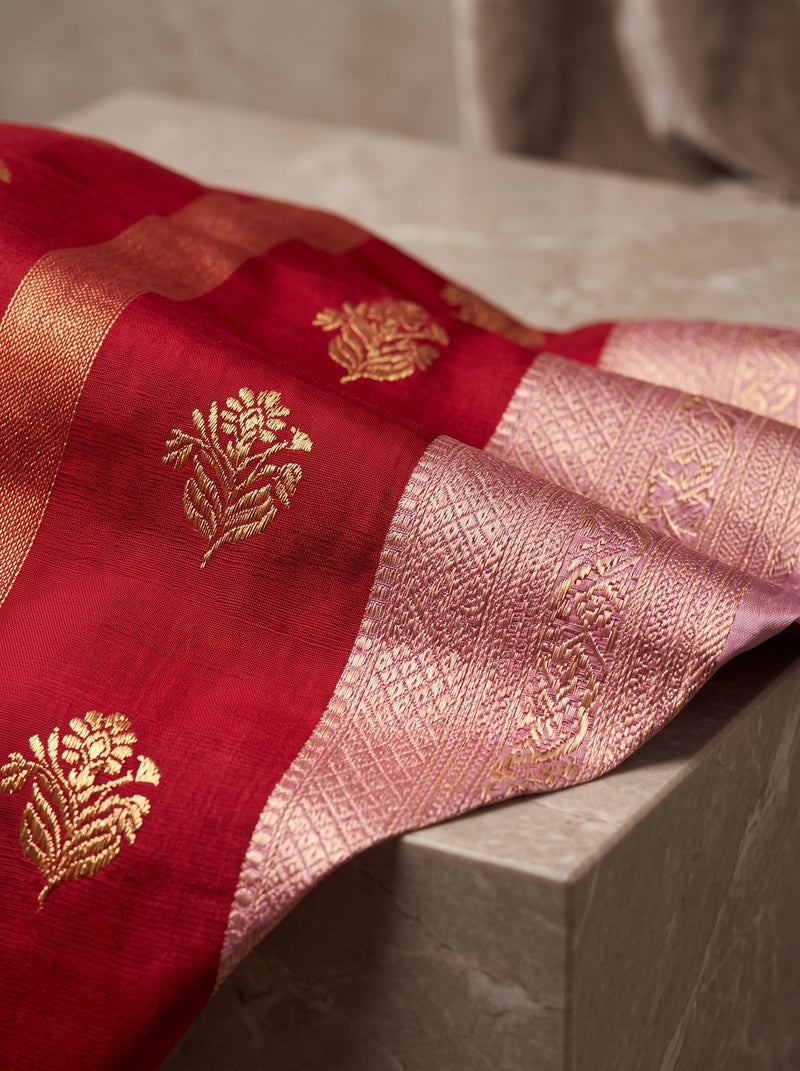 Regal Crimson Red & Dusty Lavender Striped Banarasi Silk Saree