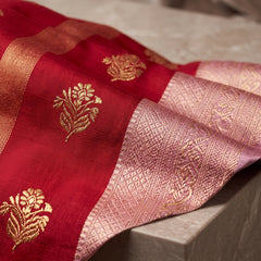 Regal Crimson Red & Dusty Lavender Striped Banarasi Silk Saree