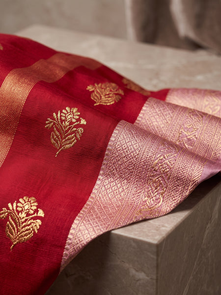 Regal Crimson Red & Dusty Lavender Striped Banarasi Silk Saree