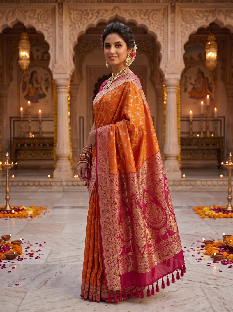 Radiant Orange Banarasi Silk Saree with Rich Magenta Contrast Border and Blouse