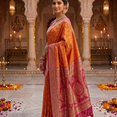 Radiant Orange Banarasi Silk Saree with Rich Magenta Contrast Border and Blouse