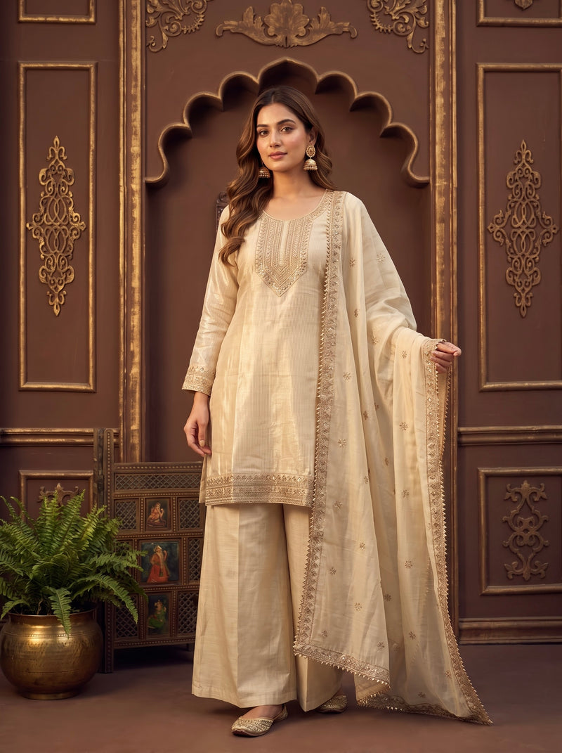 OffWhite Cream Zari-Embroidered Kurta with Dupatta