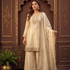 OffWhite Cream Zari-Embroidered Kurta with Dupatta