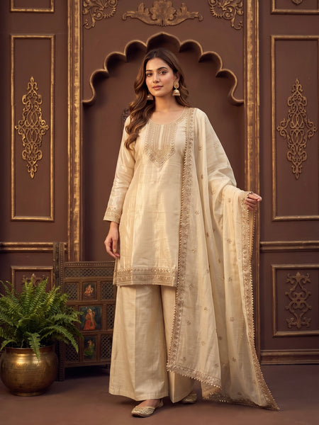 OffWhite Cream Zari-Embroidered Kurta with Dupatta