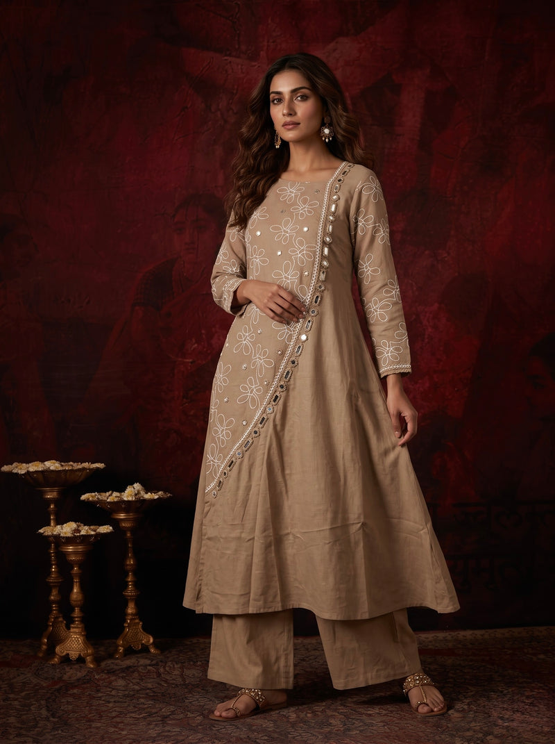 Beige Floral Embroidered Kurta with Mirror-Work Trim
