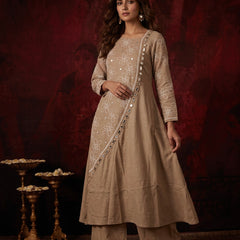 Beige Floral Embroidered Kurta with Mirror-Work Trim