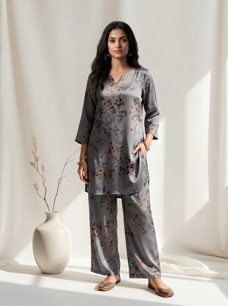 Grey Watercolor Floral Print Co-ord Set