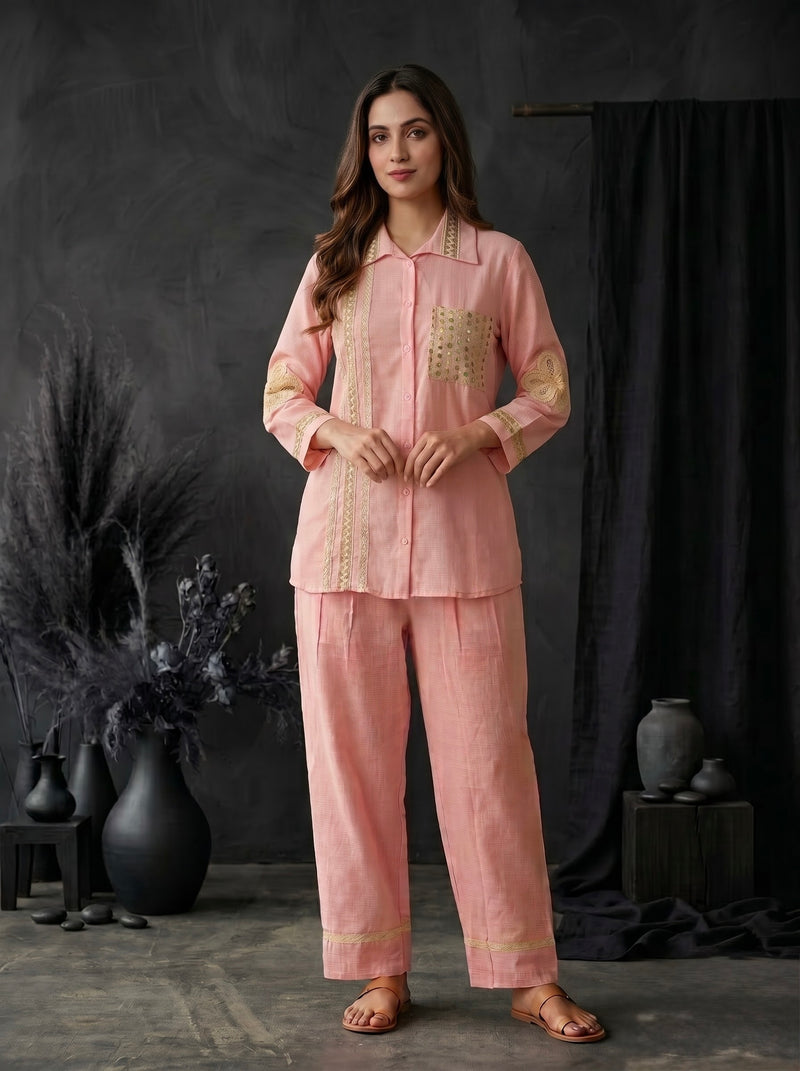 Blush Pink Shirt Co-ord Set with Lace Trim