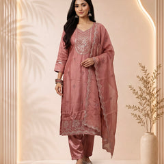 Mauve Silk Suit with Silver Zari Embroidery