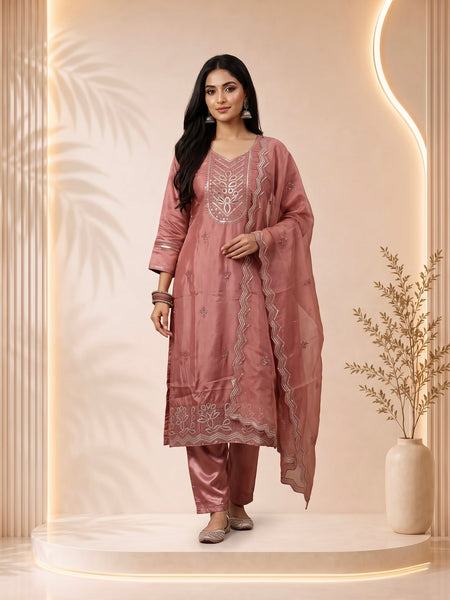 Mauve Silk Suit with Silver Zari Embroidery