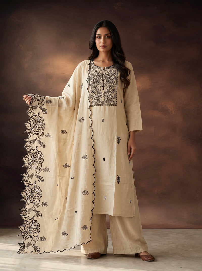 Cream Kurta Set with Black Rose Embroidery
