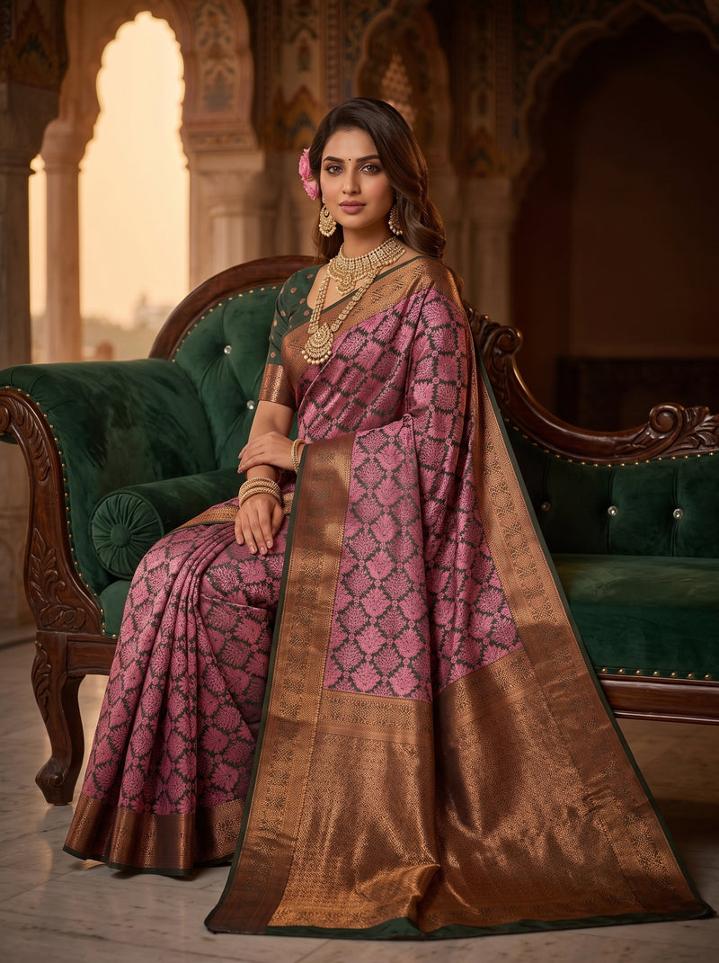 Magenta & Green Jacquard Woven Saree with Rich Copper Zari Border & Pallu