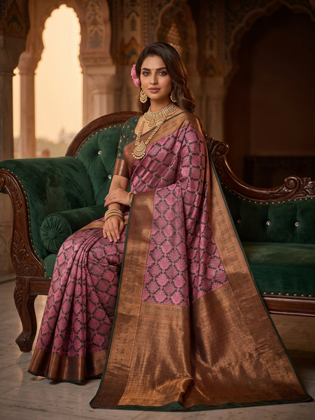 Magenta & Green Jacquard Woven Saree with Rich Copper Zari Border & Pallu