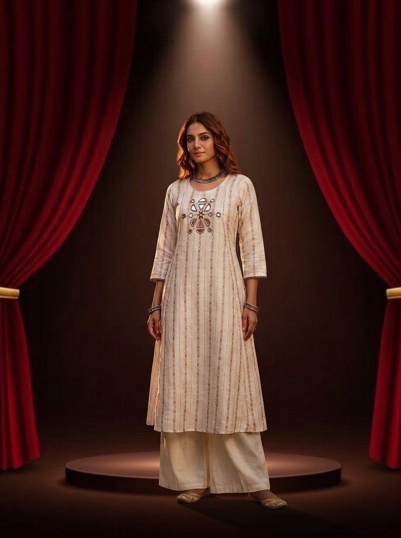 Ivory Mirror-Work Kurta with Palazzo Set