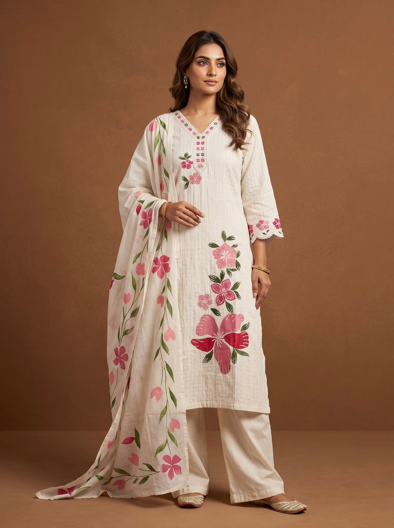 Off-White Cotton Kurta with Floral Dupatta