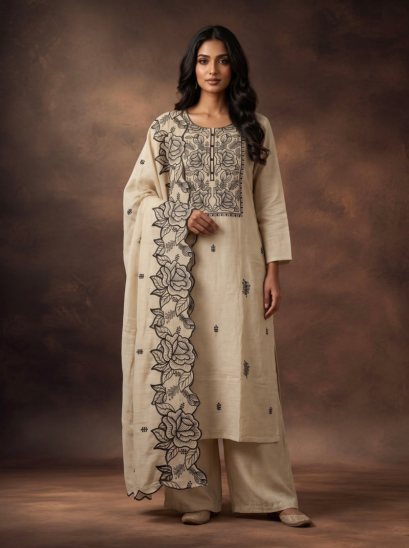 Cream Kurta Set with Black Rose Embroidery