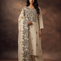 Cream Kurta Set with Black Rose Embroidery