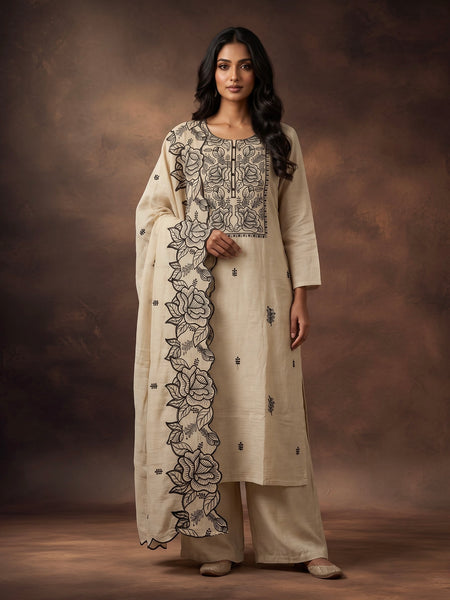 Cream Kurta Set with Black Rose Embroidery