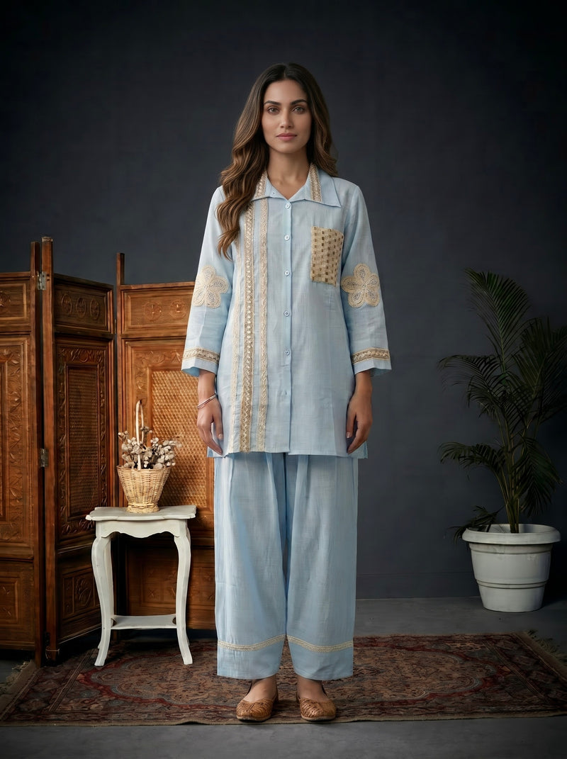 Blush blue Shirt Co-ord Set with Lace Trim