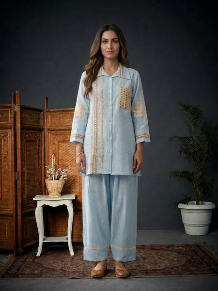 Blush blue Shirt Co-ord Set with Lace Trim