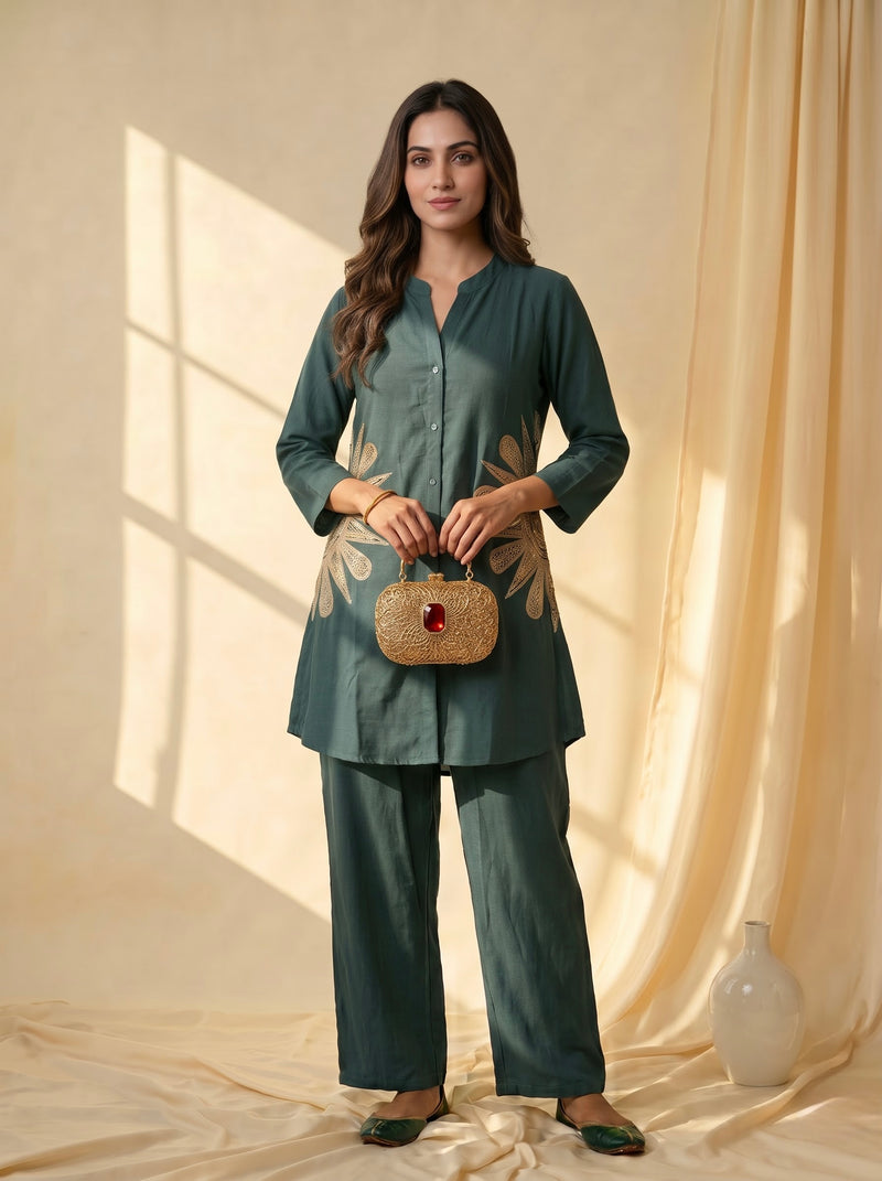 Forest Green Linen Co-ord Set with Gold Sunburst Embroidery