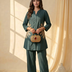 Forest Green Linen Co-ord Set with Gold Sunburst Embroidery