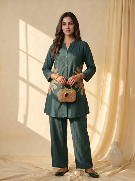 Forest Green Linen Co-ord Set with Gold Sunburst Embroidery