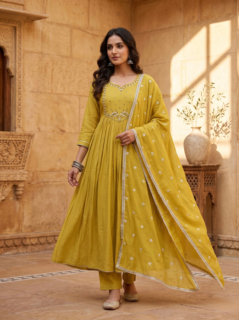 Mustard Yellow Anarkali Suit with Silver Beadwork
