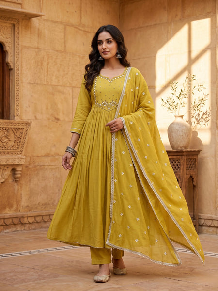 Mustard Yellow Anarkali Suit with Silver Beadwork