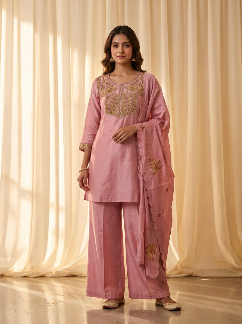 Pink Silk Kurta Set with Gold Embroidery
