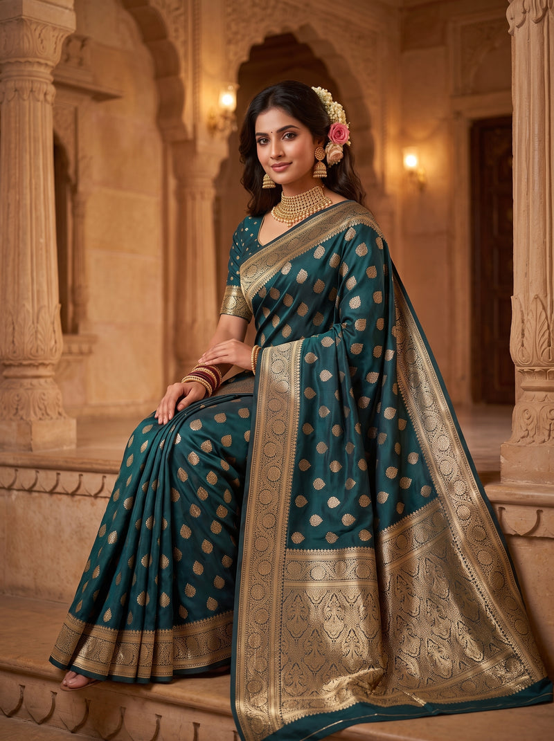Teal Green Banarasi Silk Saree with Golden Zari Butti Work, Rich Woven Border & Traditional Designer Pallu for Women
