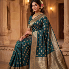 Teal Green Banarasi Silk Saree with Golden Zari Butti Work, Rich Woven Border & Traditional Designer Pallu for Women