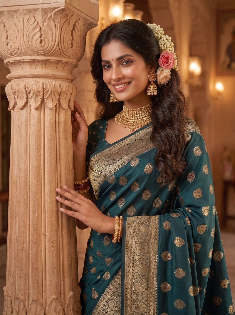 Teal Green Banarasi Silk Saree with Golden Zari Butti Work, Rich Woven Border & Traditional Designer Pallu for Women