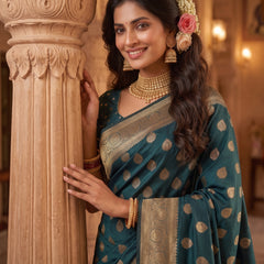 Teal Green Banarasi Silk Saree with Golden Zari Butti Work, Rich Woven Border & Traditional Designer Pallu for Women