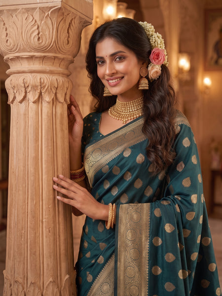 Teal Green Banarasi Silk Saree with Golden Zari Butti Work, Rich Woven Border & Traditional Designer Pallu for Women